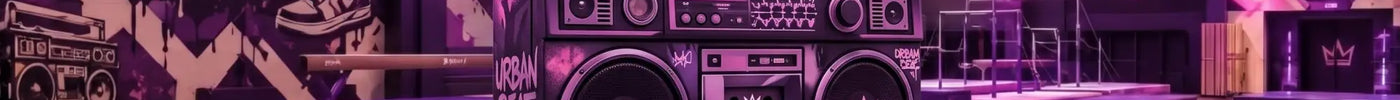 Purple and pink graffiti-style boombox with crown motifs perfect for hip-hop gymnastics floor music and floor exercise vibes