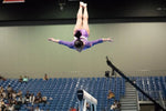 A purple and white gymnast leotard with a small flag emblem on the back worn mid-air at artistic gymnastics championships