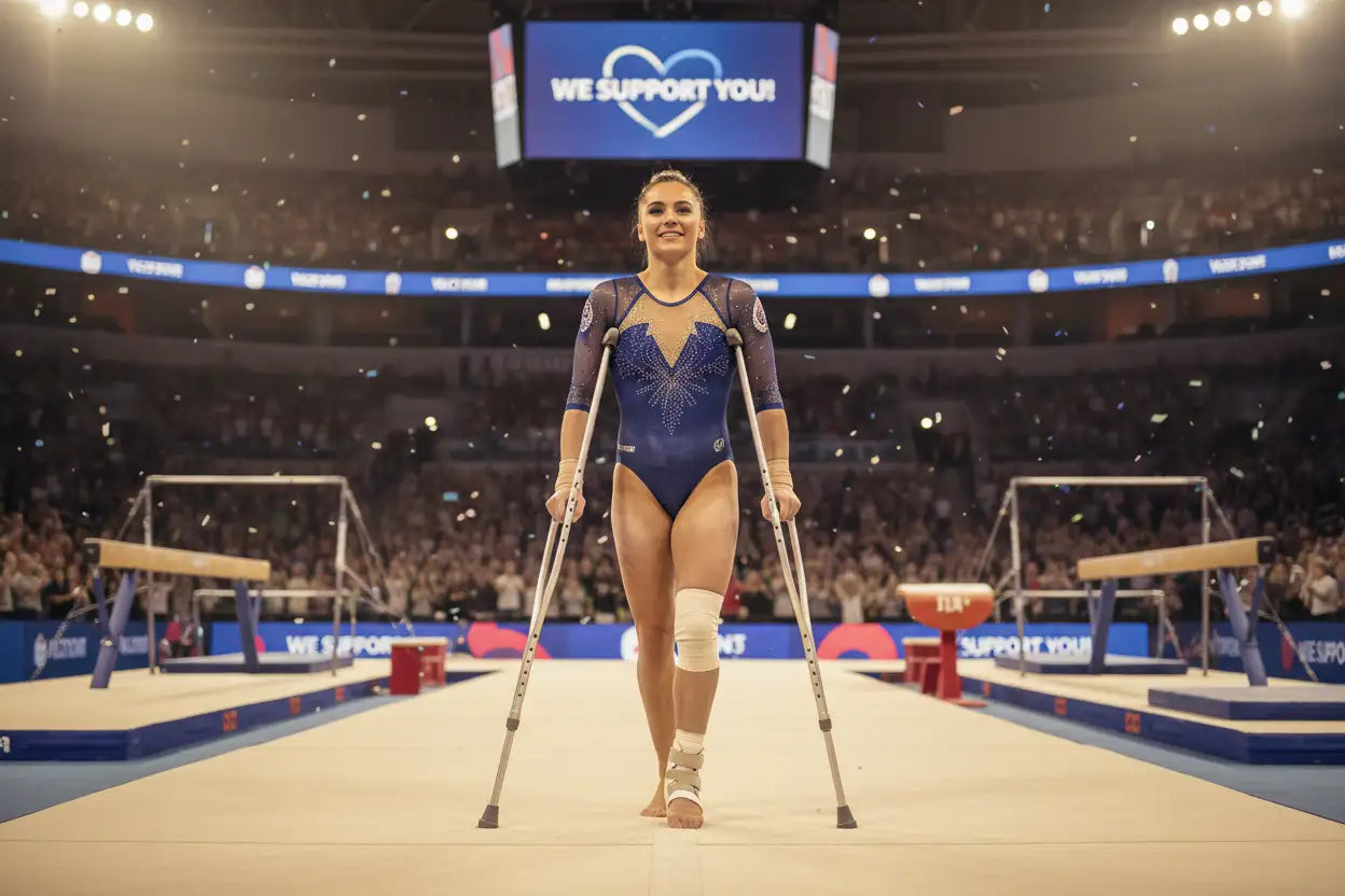 A blue sequined gymnastics leotard with mesh sleeves and a deep v-neckline