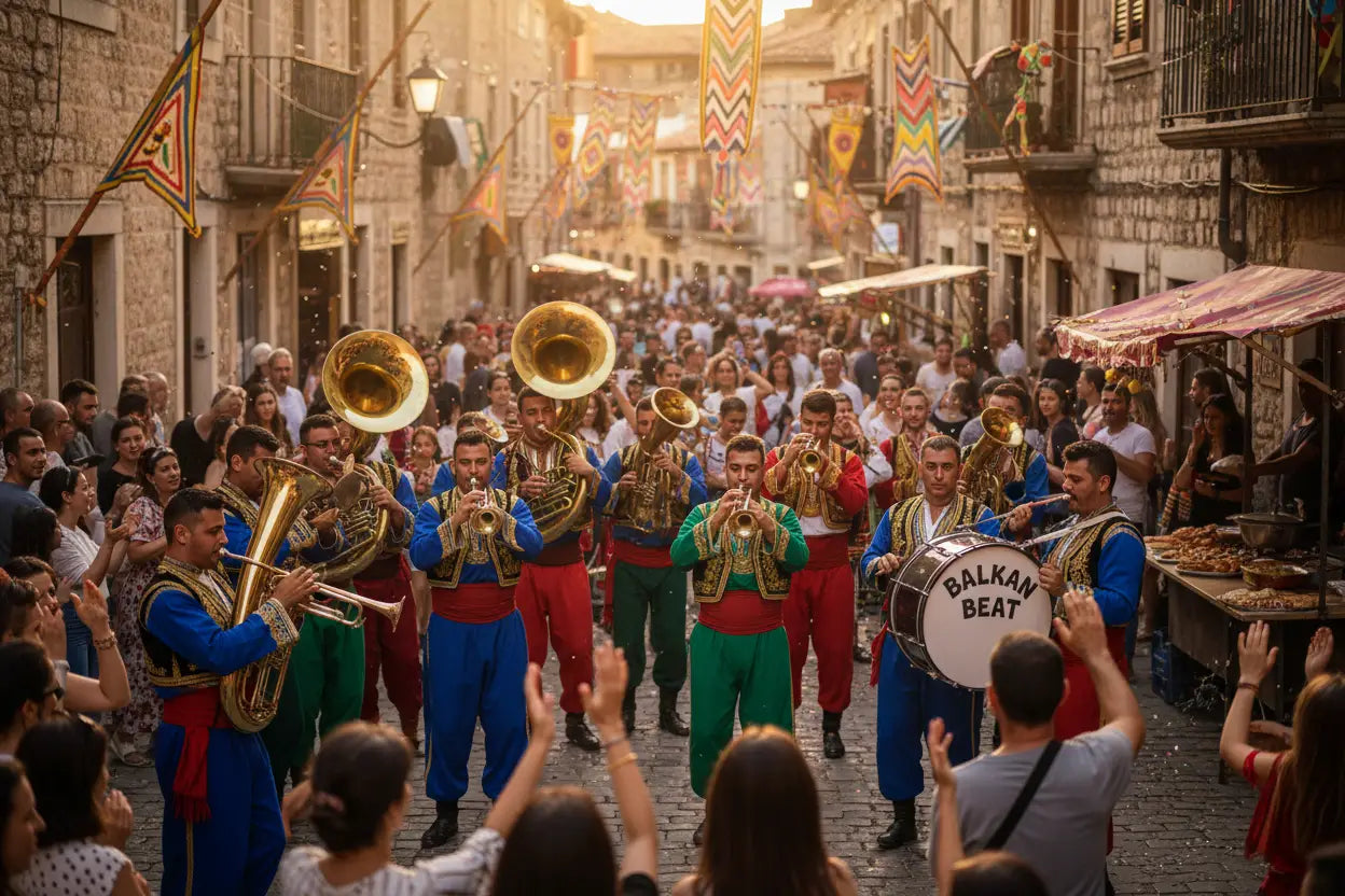 A vibrant balkan brass band in blue red and green uniforms performing on a sunlit street for gymnastics floor routines