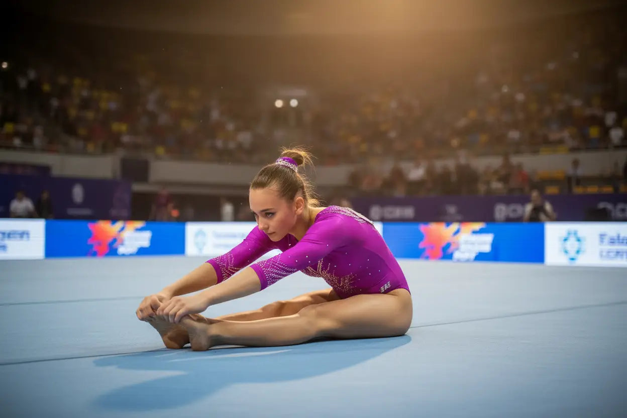 A vibrant purple gymnastics leotard with sparkling embellishments perfect for dynamic stretching during floor routines in pan american gymnastics