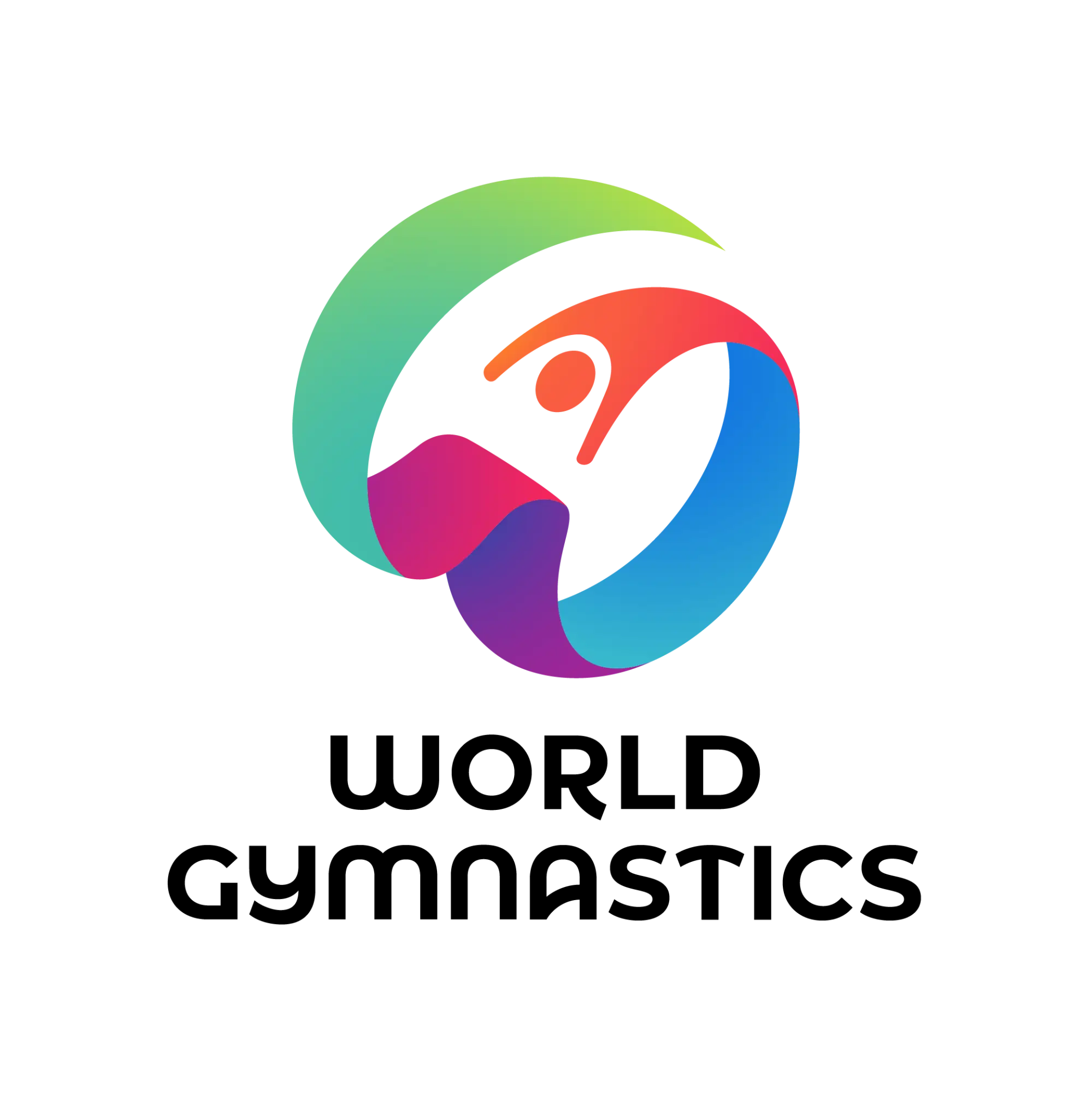 World Gymnastics vibrant logo with colorful interlocking ribbons on black.