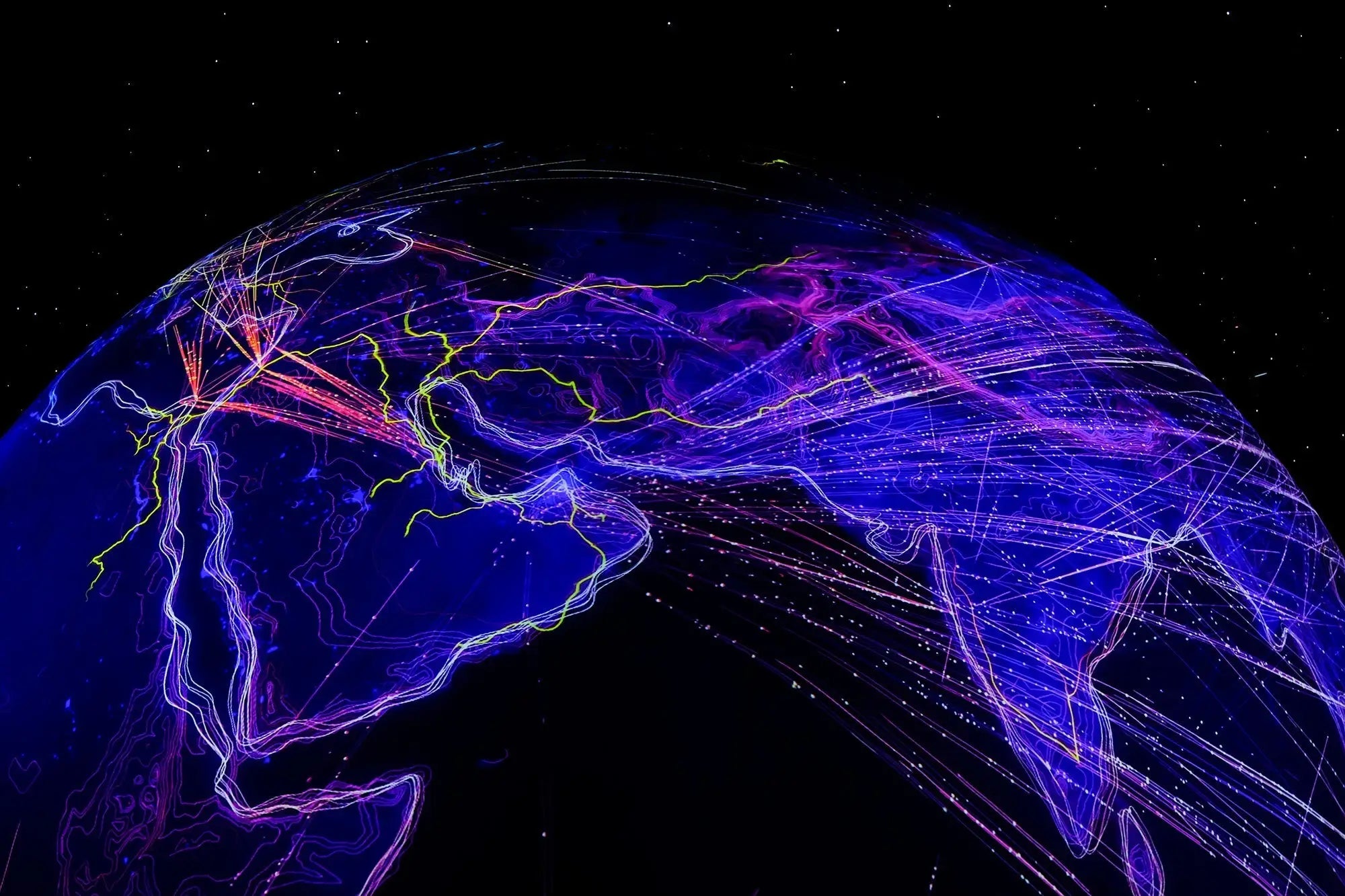 Glowing digital globe with gymnastics tracks light trails in media spotlight