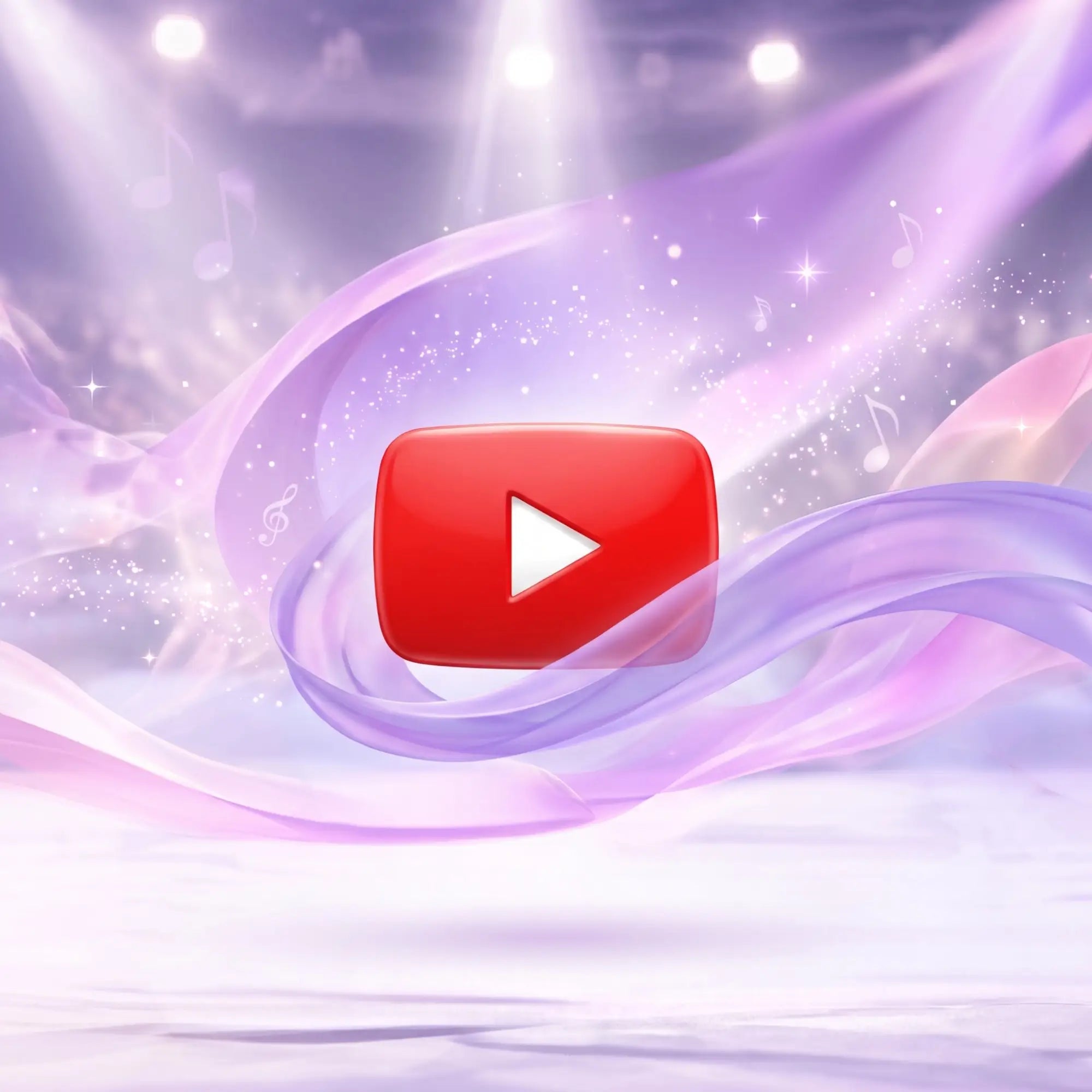 Red youtube play button logo with white triangle on swirling purple and pink ribbons for gymnastics tracks youtube elite gymnastics