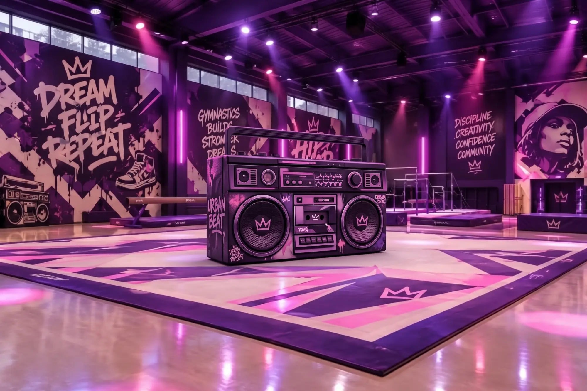 Purple and pink graffiti-style boombox with crown motifs perfect for hip-hop gymnastics floor music and floor exercise vibes