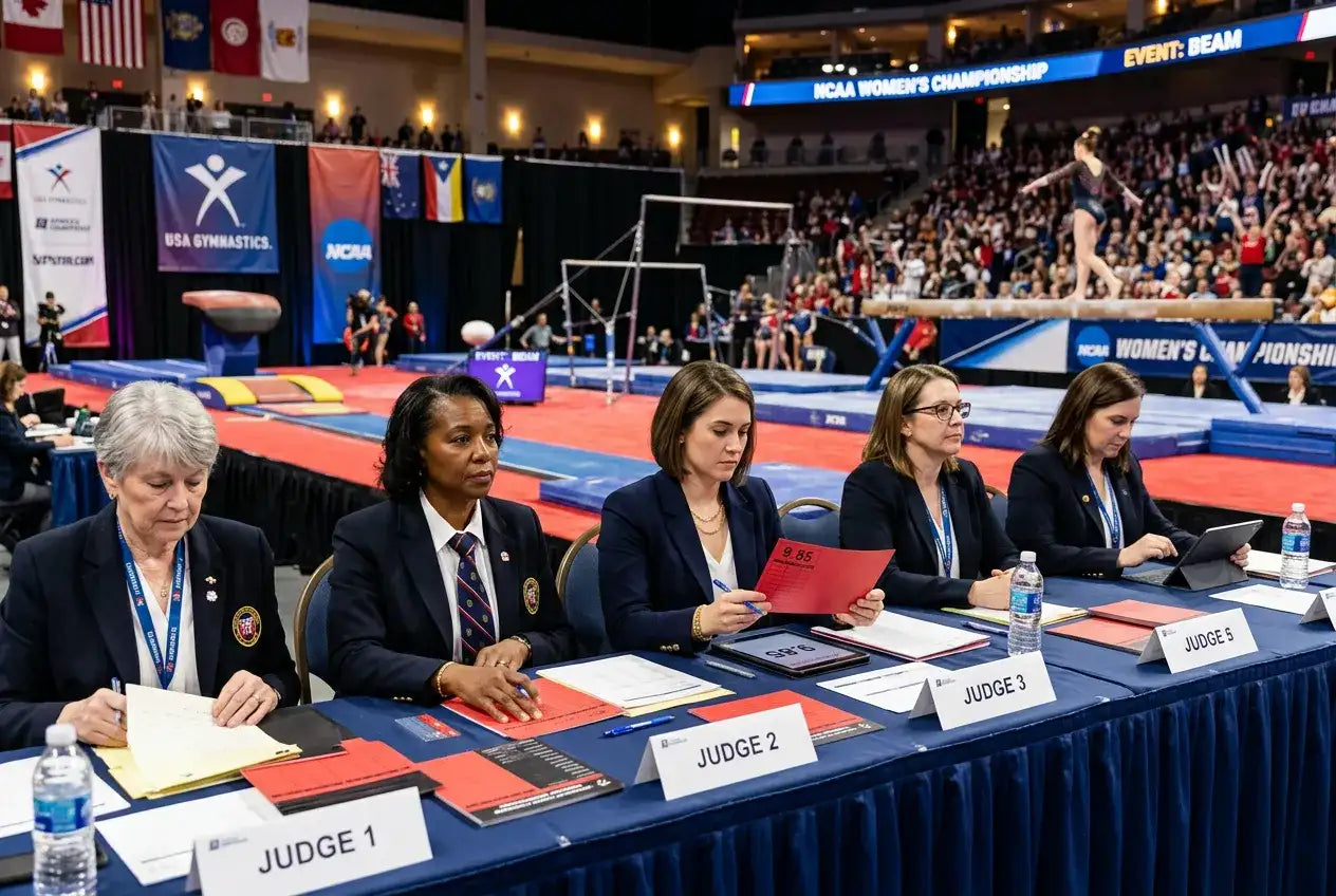 Five judges in dark blazers scoring a women’s gymnastics floor routine with focus on gymnastics floor music.