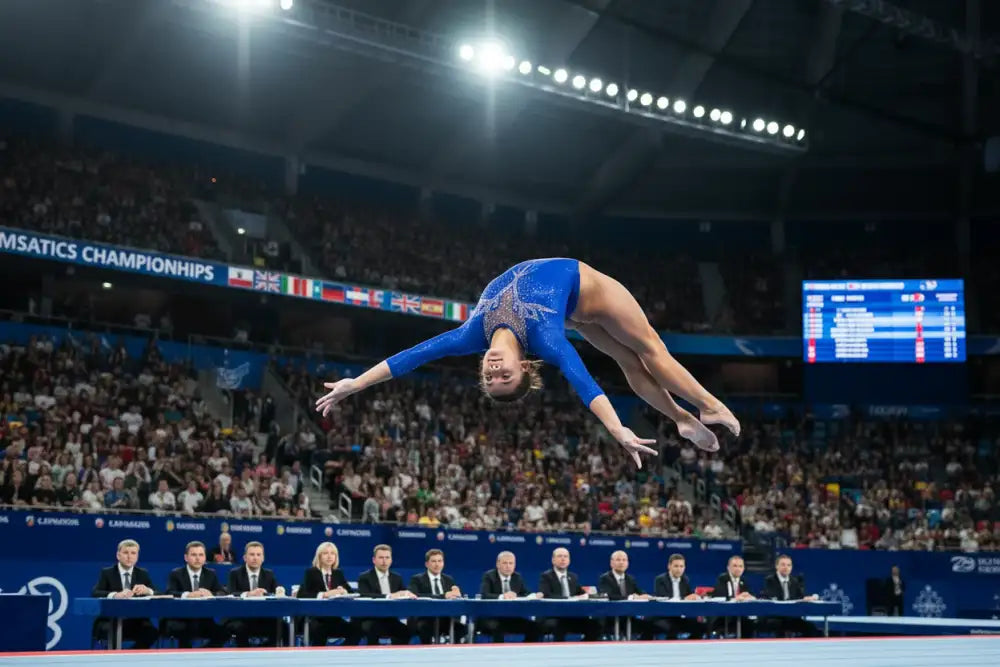 A blue leotard with sparkling embellishments worn by a female gymnast mid-air during a performance