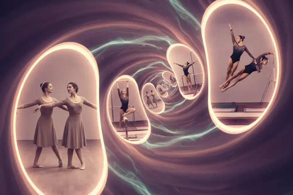 A surreal, glowing tunnel composed of interconnected oval frames showcasing various ballet and gymnastics performances