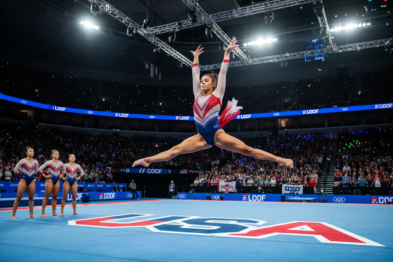A women in a USA leotard performing gymnastics floor exercise