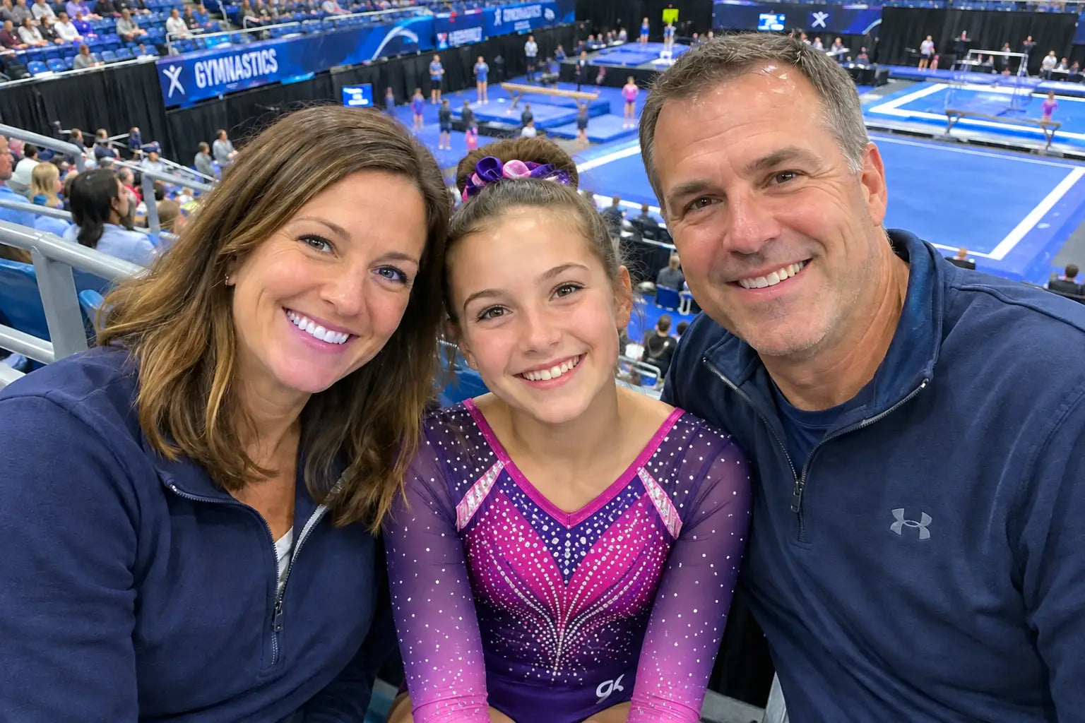 A vibrant purple and pink gymnastics leotard with sparkling glitter perfect for competitive gymnastics parents guide