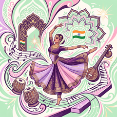 Pastel swirl logo with lavender pink purple ribbons in Explosive Middle Eastern Gymnastics Floor Music.