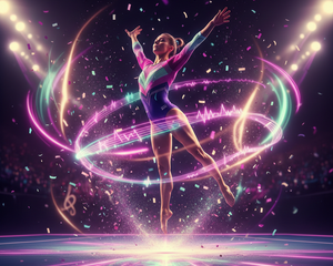 Stylized purple gymnast silhouette mid-air in powerhouse starburst energy design