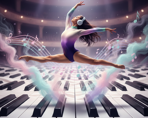 Stylized ballerina in cream tutu on lavender background with music notes