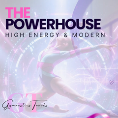 A dynamic gymnast in a sleek, multicolored leotard performs an athletic pose against a glowing digital backdrop