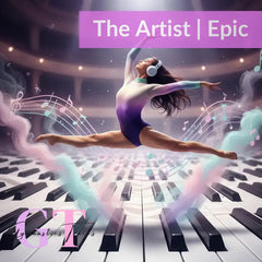 Stylized ballerina in cream tutu on lavender background with music notes