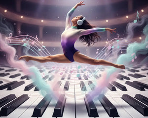 Stylized ballerina in cream tutu on lavender background with music notes