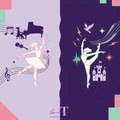 Stylized ballerina in cream tutu on lavender background with music notes