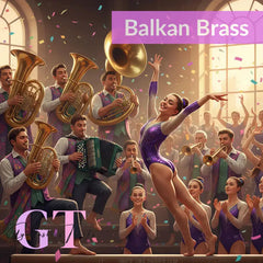Stylized black trumpet with pink and green accents from Balkan Brass Blowout