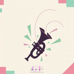 Stylized black trumpet with pink and green accents from Balkan Brass Blowout