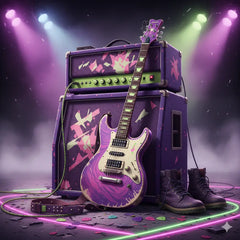 Black electric guitar with white pickguard and 3 knobs, arena rock style illustration