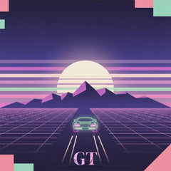 Neon-lit synthwave sports car with green pink glows on grid road at retro sunset