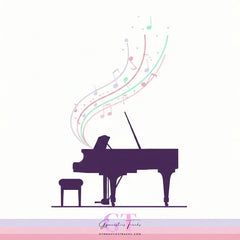 Purple grand piano silhouette with colorful notes rising, epic symphonic gymnastics music.
