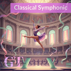 Purple grand piano silhouette with colorful notes rising, epic symphonic gymnastics music.