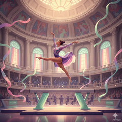 Purple grand piano silhouette with colorful notes rising, epic symphonic gymnastics music.