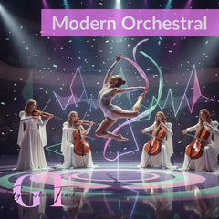 Purple grand piano silhouette with pastel streaks and greenish-purple circles for Epic Modern Orchestral Gymnastics Floor Music