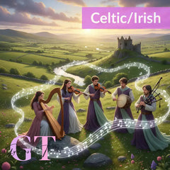 Stylized purple treble clef with Epic Riverdance swirls in lavender mint green