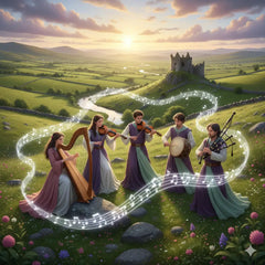 Stylized purple treble clef with Epic Riverdance swirls in lavender mint green
