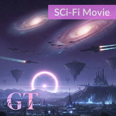 Vibrant rockets in magenta blue geometric circle for Your Sci-Fi Movie Universe Awaits