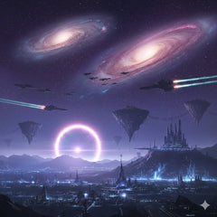 Vibrant rockets in magenta blue geometric circle for Your Sci-Fi Movie Universe Awaits