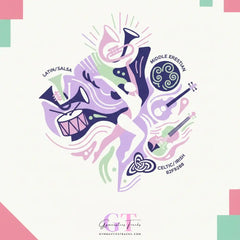 Stylized dancer with instruments in purple pink green for Global Flair gymnastics music