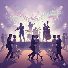 Stylized dark blue saxophone with pink green shapes in Jazz Swing Supernova
