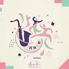 Stylized dark blue saxophone with pink green shapes in Jazz Swing Supernova