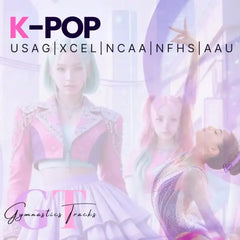 The image features a stylized, digitally rendered illustration of three female gymnasts in vibrant, glittering leotards and jackets with pastel pink, purple, and teal accents