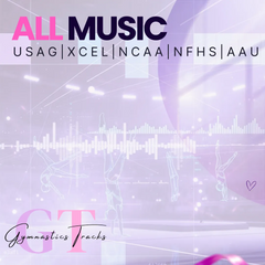 Purple and pink digital graphic design featuring stylized gymnasts, audio waveforms, and text for "all music" with logos including usag, xcel, ncaa, nfhs, aau