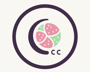 Circular logo with a crescent moon and pink green strawberry slices in dark purple border for newest gymnastics floor music