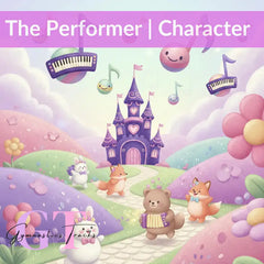 Stylized pink purple saxophonist for The Performer gymnastics music