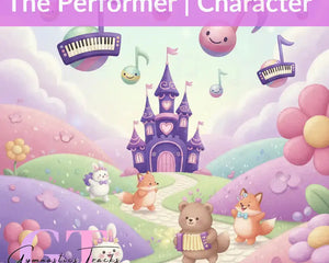 Stylized pink purple saxophonist for The Performer gymnastics music