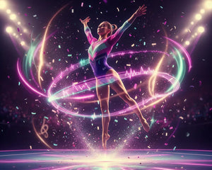 Stylized purple gymnast silhouette mid-air in powerhouse starburst energy design