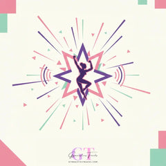Stylized purple gymnast silhouette mid-air in powerhouse starburst energy design