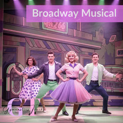 Stylized gymnast mid-air with purple pink lines for Broadway gymnastics music