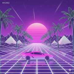 Neon-lit synthwave sports car with green pink glows on grid road at retro sunset