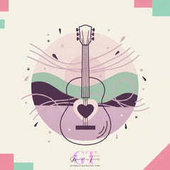 Stylized acoustic guitar with heart soundhole in pastel purples greens