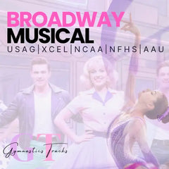Pink and black broadway musical promotional graphic featuring performers in vintage-style costumes