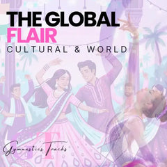 The global flair cultural & world logo, featuring bold black and pink text over an illustrated scene of people dancing in traditional attire