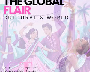 The global flair cultural & world logo, featuring bold black and pink text over an illustrated scene of people dancing in traditional attire