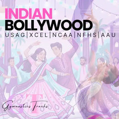 Indian bollywood-themed graphic design featuring illustrated dancers in traditional attire with vibrant pink and purple hues